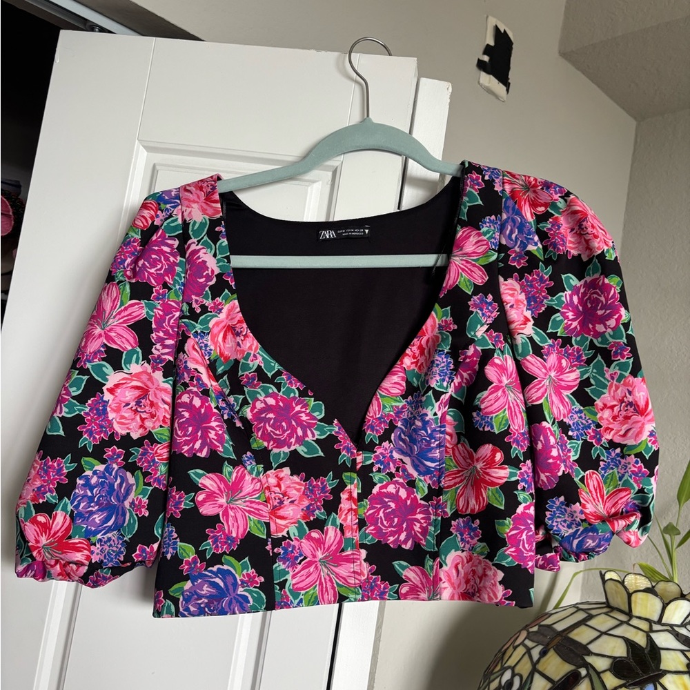 Zara Black Floral Blouse with Pink and Purple Accents
